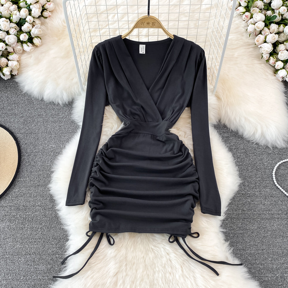 V-neck drawcord pleated sexy slim short Hip Wrap Dress  11118