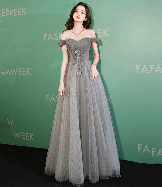 Gray tulle beads long prom dress gray evening dress  10521