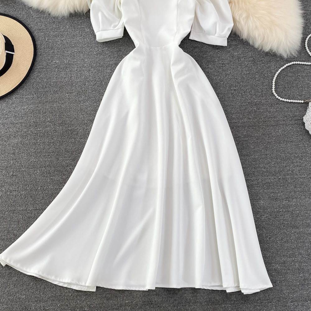 Narrow waist and thin bubble sleeve suspender dress  11172