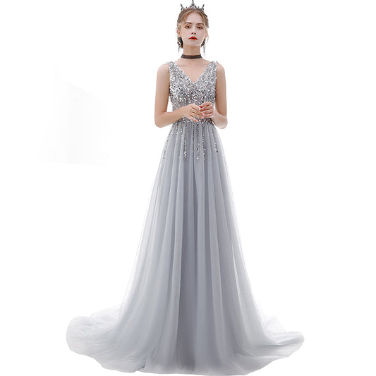 Gray v neck tulle beads long prom dress  8181