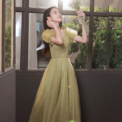 Green tulle beads long prom dress A line evening dress  8993