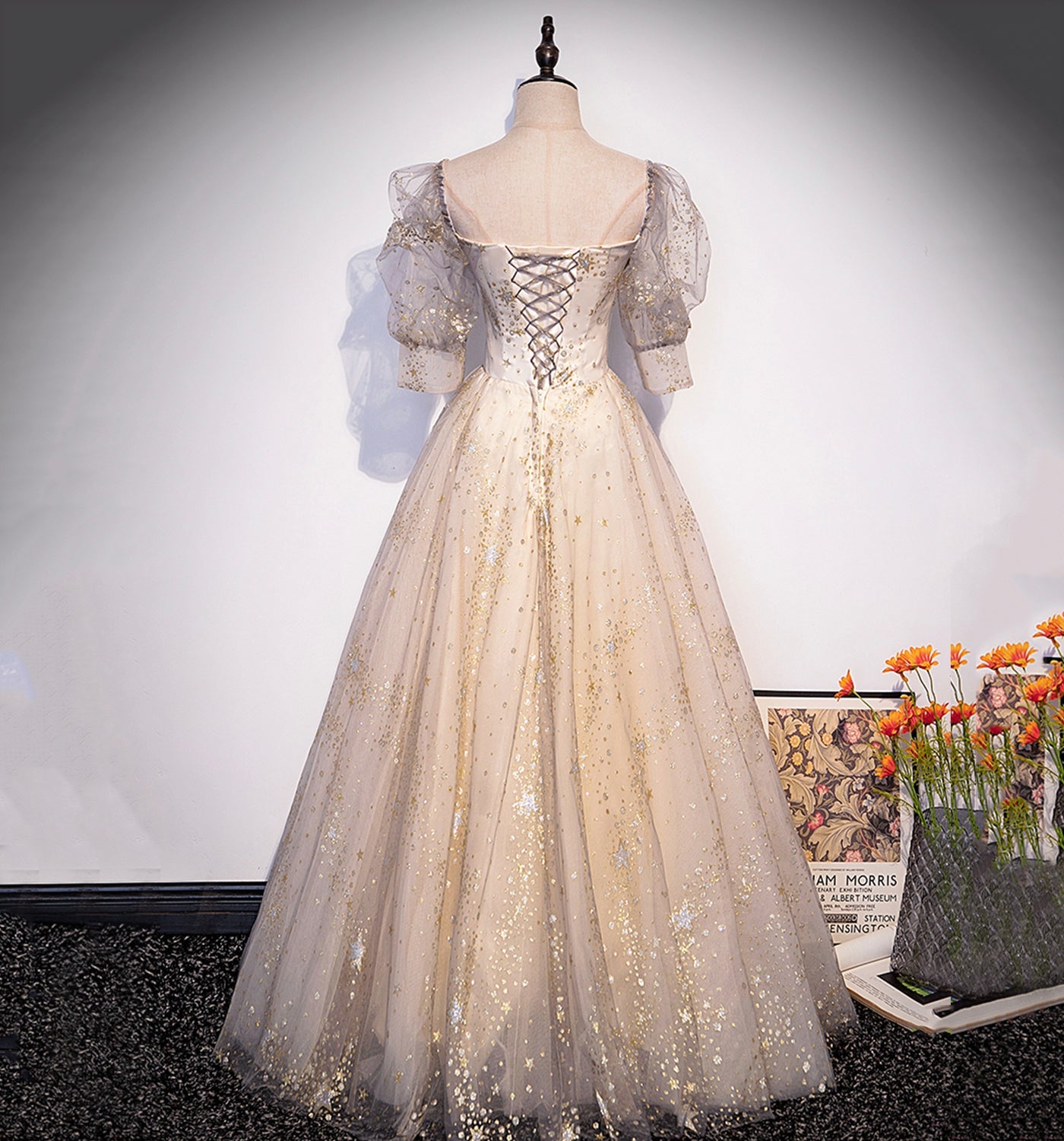 Champagne tulle sequins long prom dress evening gown  10004