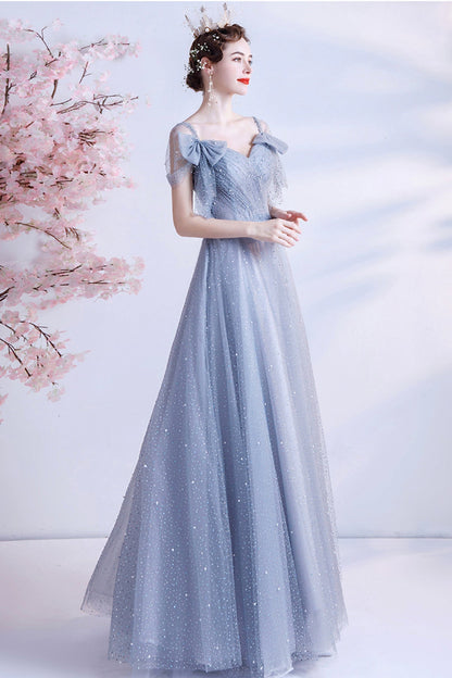 Gray tulle sequins long A line prom dress evening dress  8690