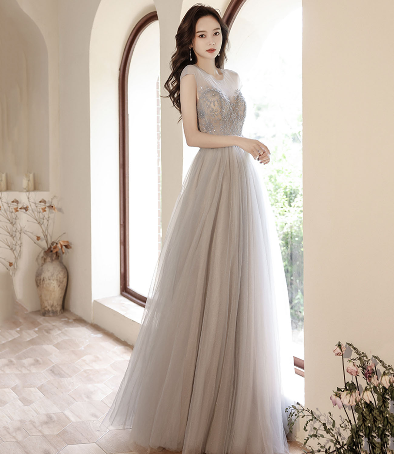 Cute tulle beads long prom dress A line evening gown  10279