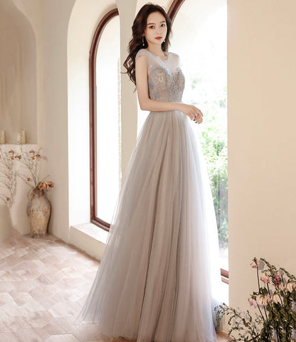 Cute tulle beads long prom dress A line evening gown  10279