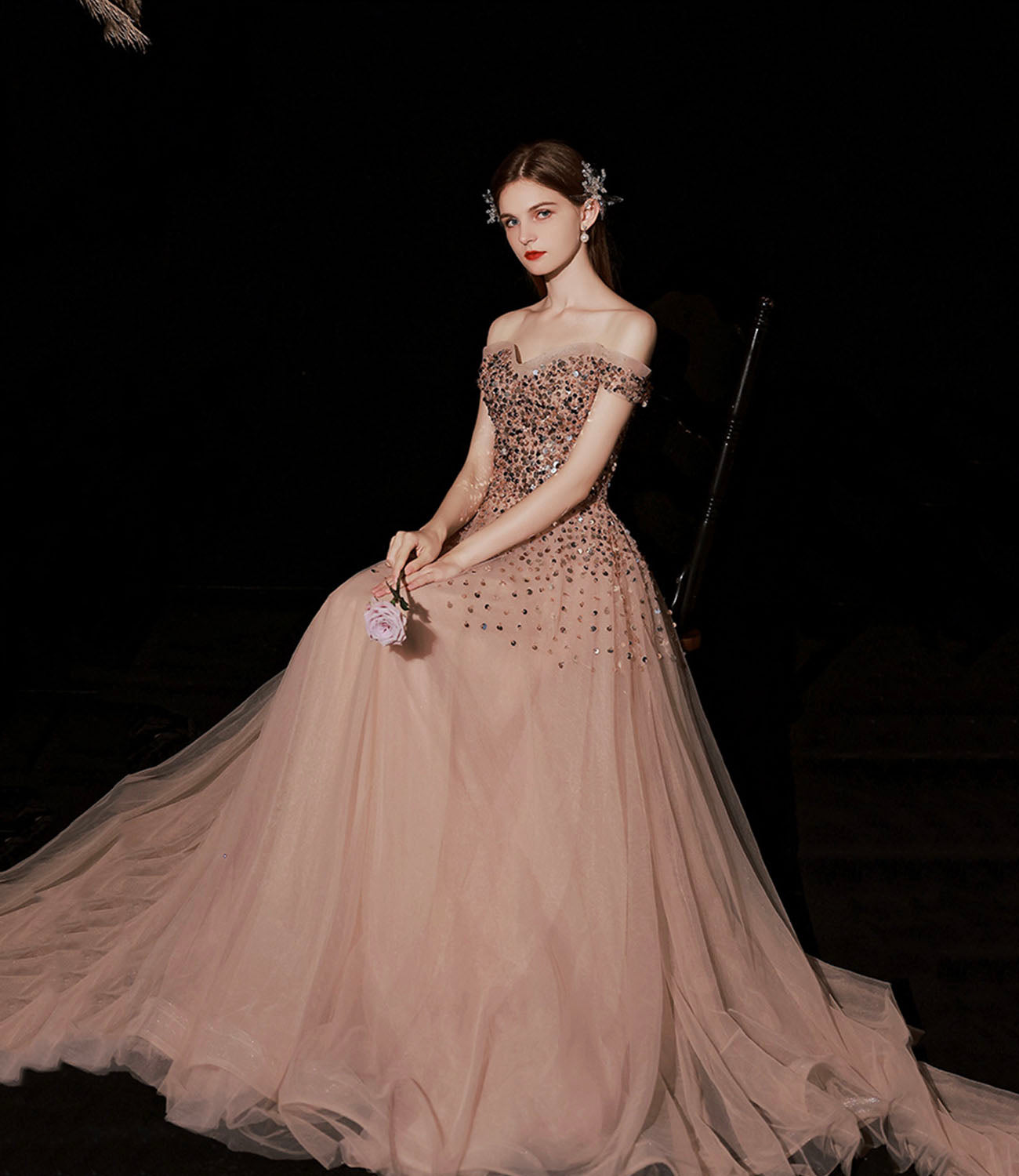 Shiny tulle sequins long prom dress A line evening gown  10415