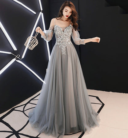 Gray tulle lace long A line prom dress evening dress  8477