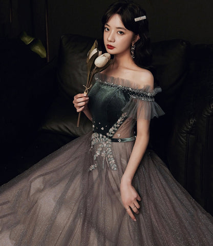 Cute tulle long prom dress A line evening dress  10345