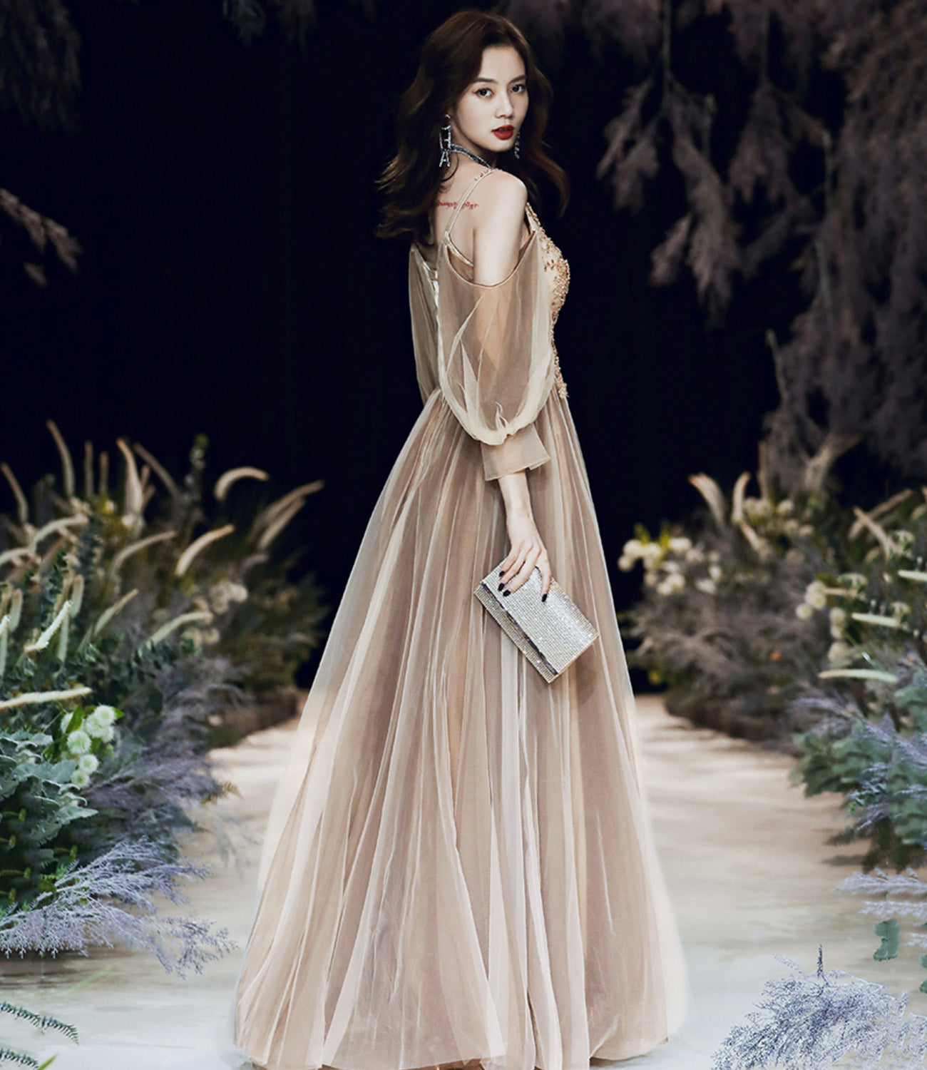 Cute tulle lace long prom dress A line evening dress  10449