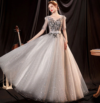 Gray tulle sequins long ball gown dress formal dress  10147