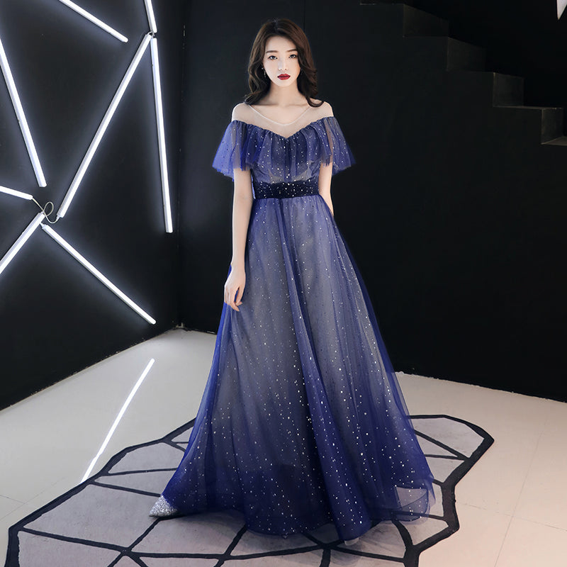 Blue tulle sequins long prom dress  8336