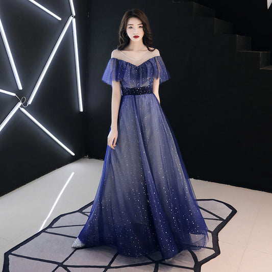 Blue tulle sequins long prom dress  8336