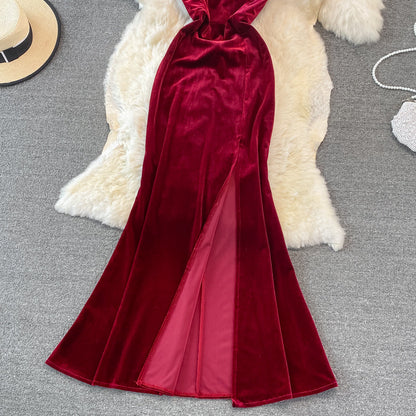 Sexy V Neck Velvet Long Dress Fashion Dress  10782