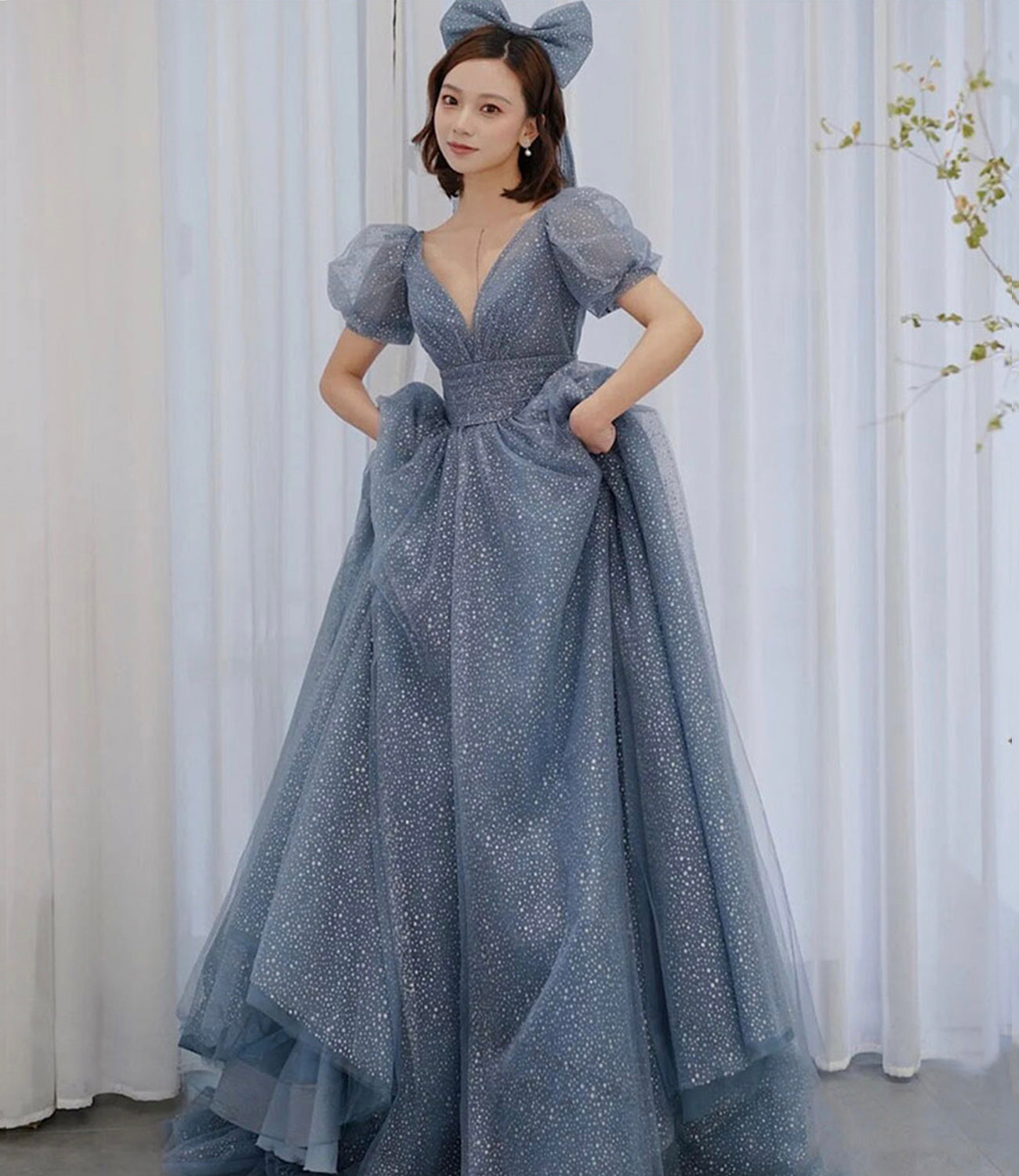 Blue v neck tulle long A line prom dress evening dress  8691