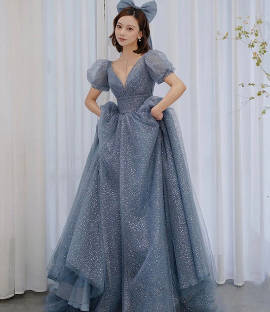 Blue v neck tulle long A line prom dress evening dress  8691