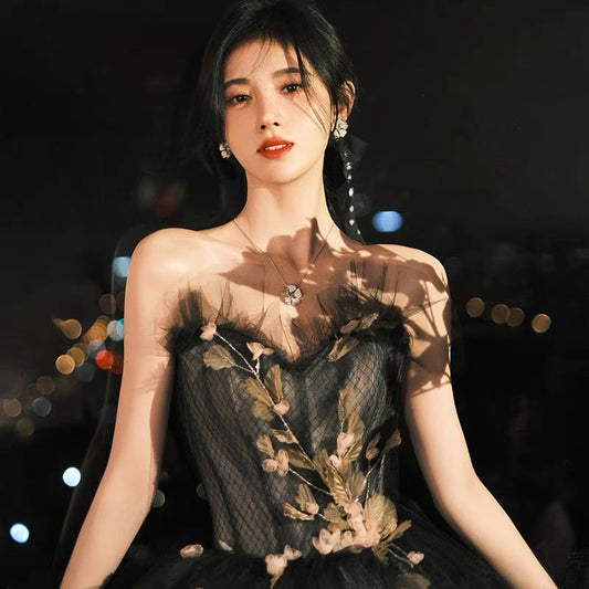 Black tulle long ball gown dress A line evening gown  10133