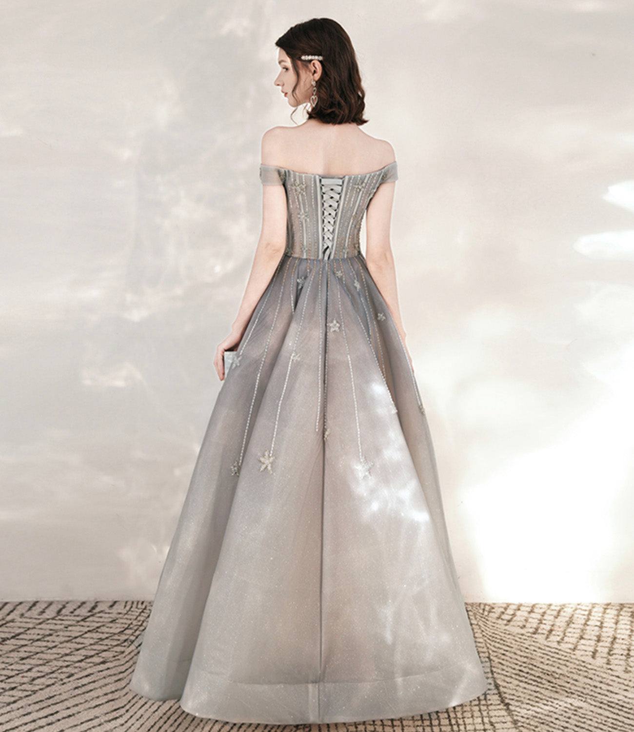 Gray tulle sequins long prom dress with star  10545