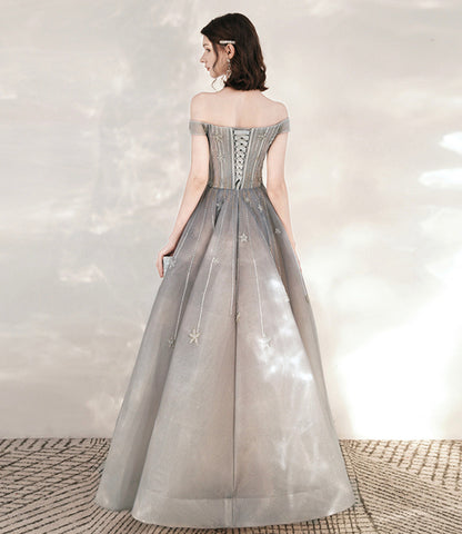 Gray tulle sequins long prom dress with star  10545