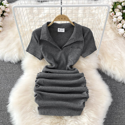 Slim and sexy polo collar, careful machine wrapped hip skirt  11138