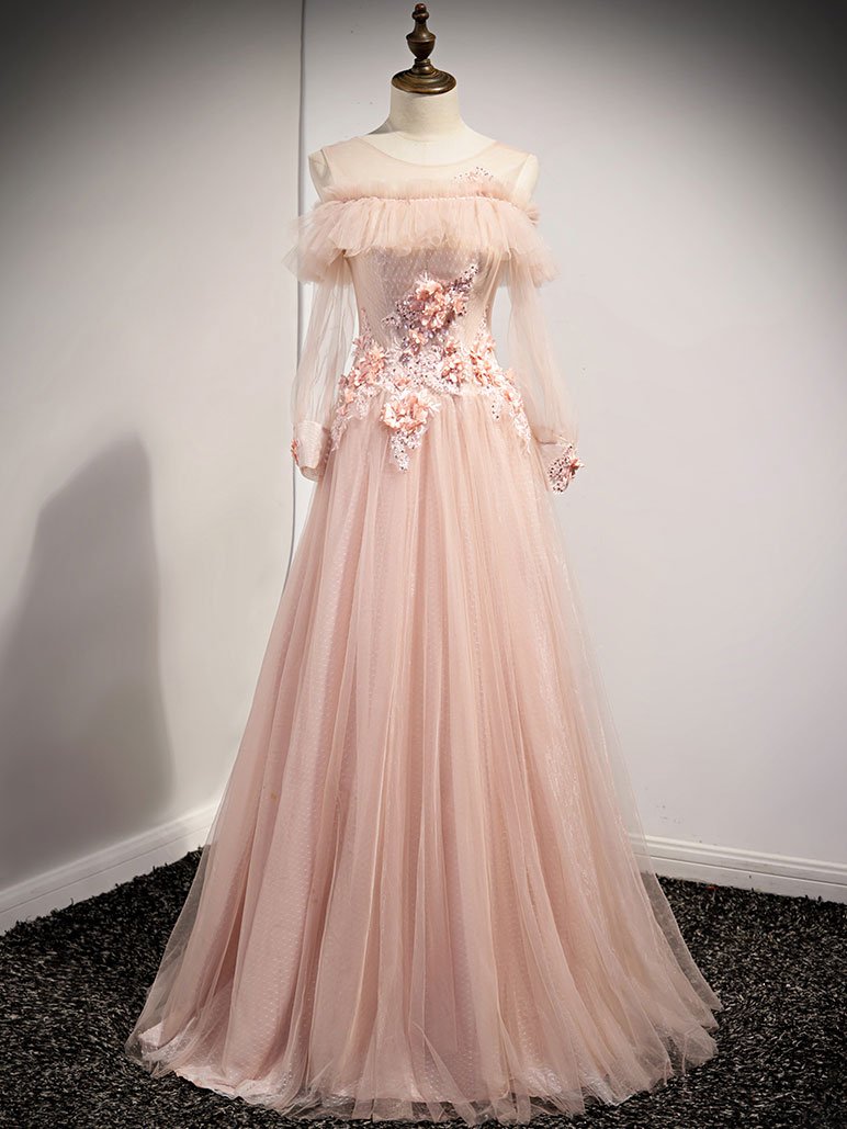 Vestido de fiesta largo de tul con cuello redondo rosa y encaje, vestido de dama de honor de encaje rosa