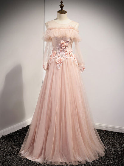 Vestido de fiesta largo de tul con cuello redondo rosa y encaje, vestido de dama de honor de encaje rosa