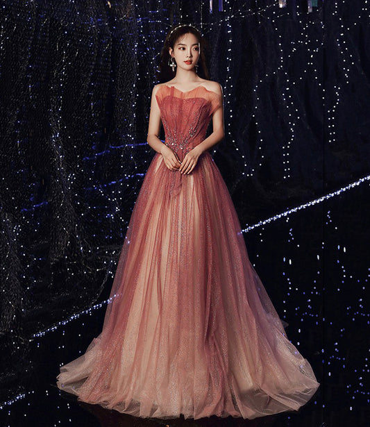Shiny tulle sequins long prom dress A line evening dress  8580
