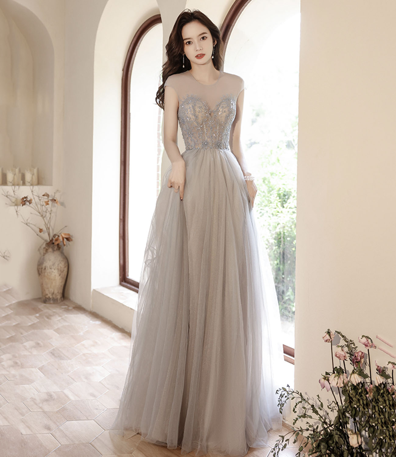 Cute tulle beads long prom dress A line evening gown  10279