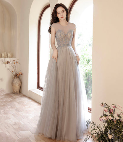 Cute tulle beads long prom dress A line evening gown  10279