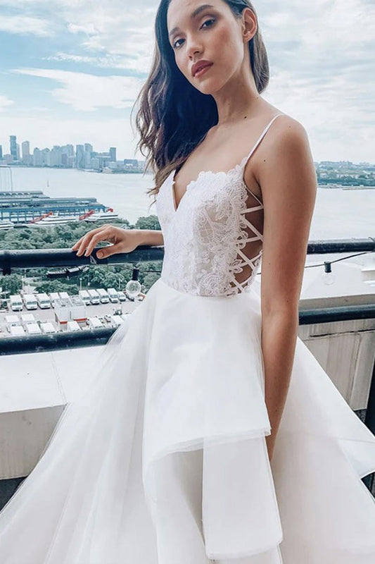 A Line Spaghetti Straps Prom Dress White Lace Wedding Dress,WW167