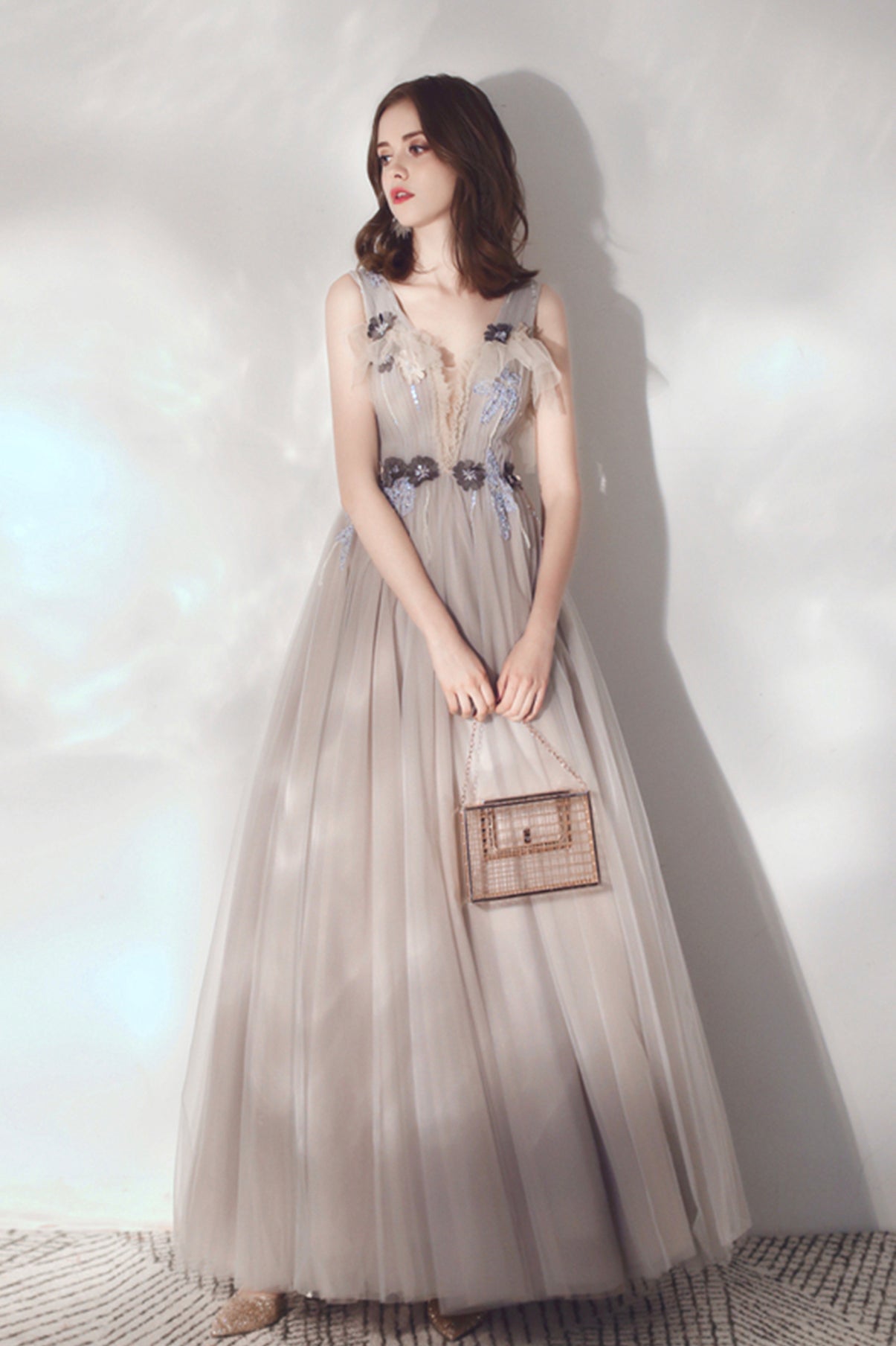 Cute v neck tulle long prom dress evening dress  8594