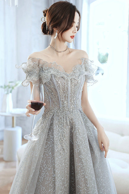 Gray tulle beads long prom dress gray evening gown  10170