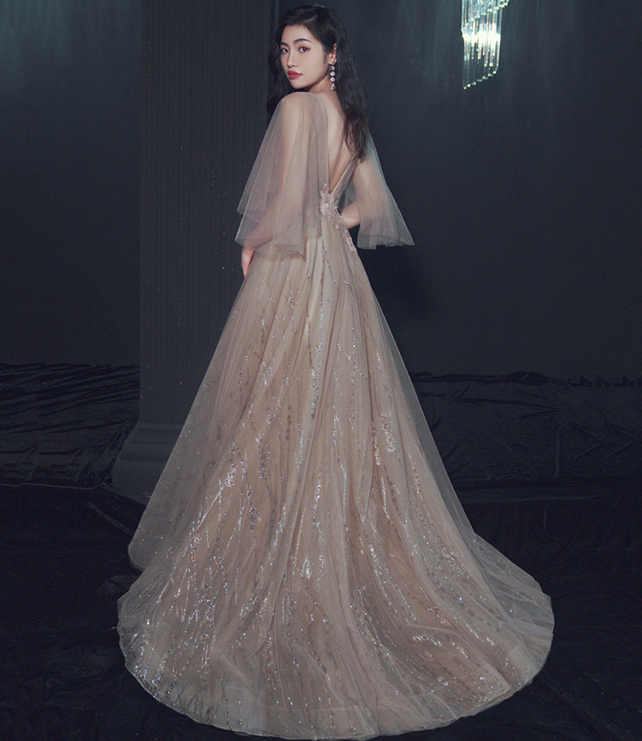 Champagne tulle lace long prom dress A line evening gown  10464