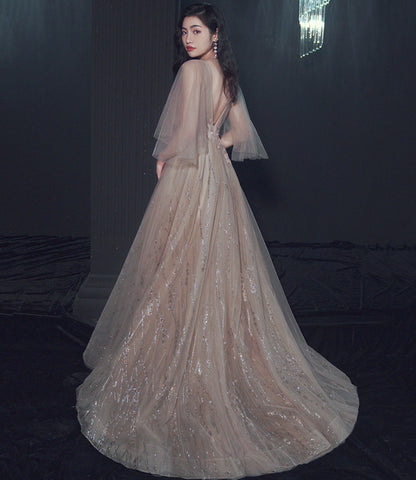 Champagne tulle lace long prom dress A line evening gown  10464