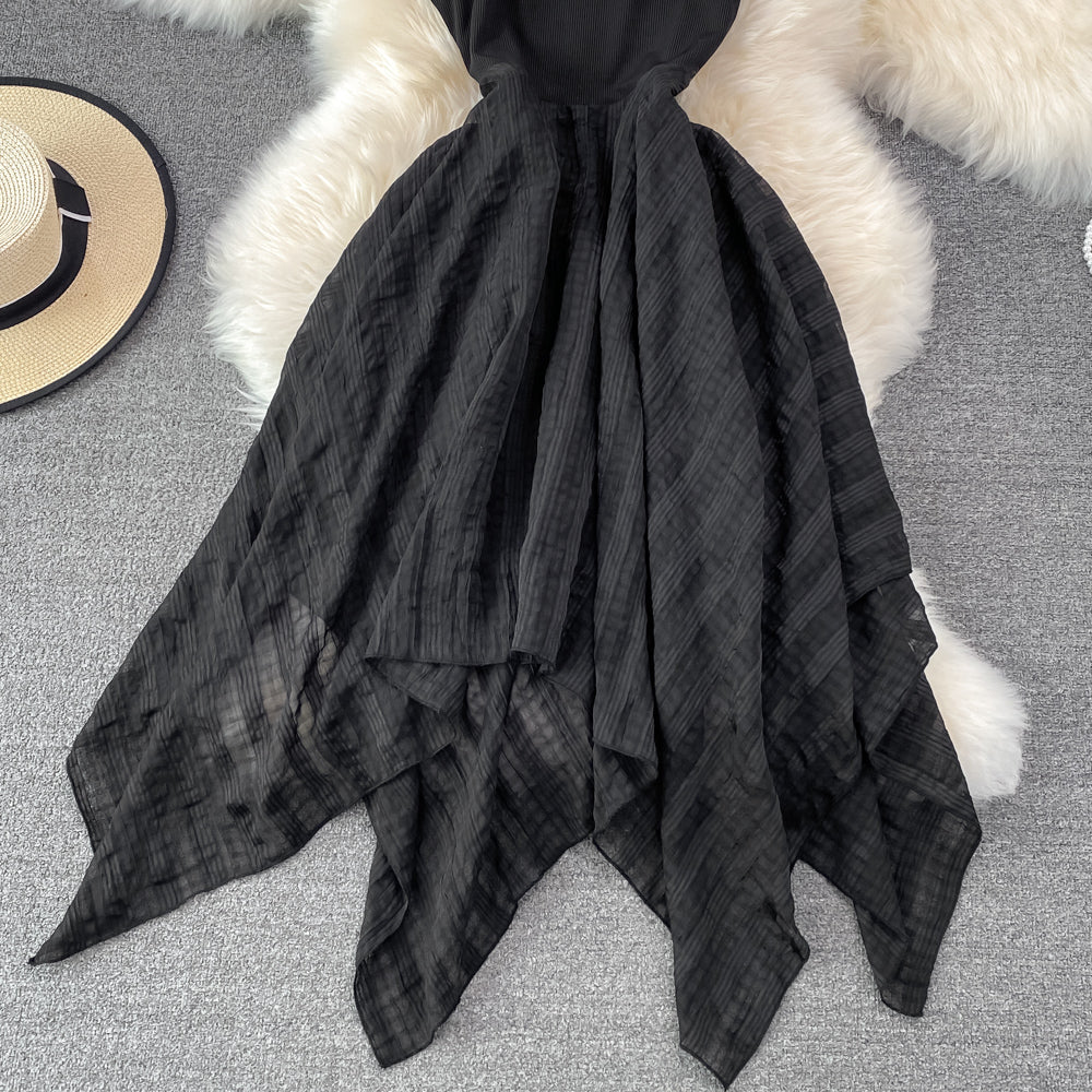 Black Irregular Backless Dress A Line Fashion Dress  10694