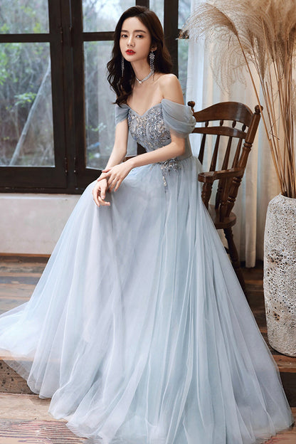 Gray tulle lace long A line prom dress evening dress  8698