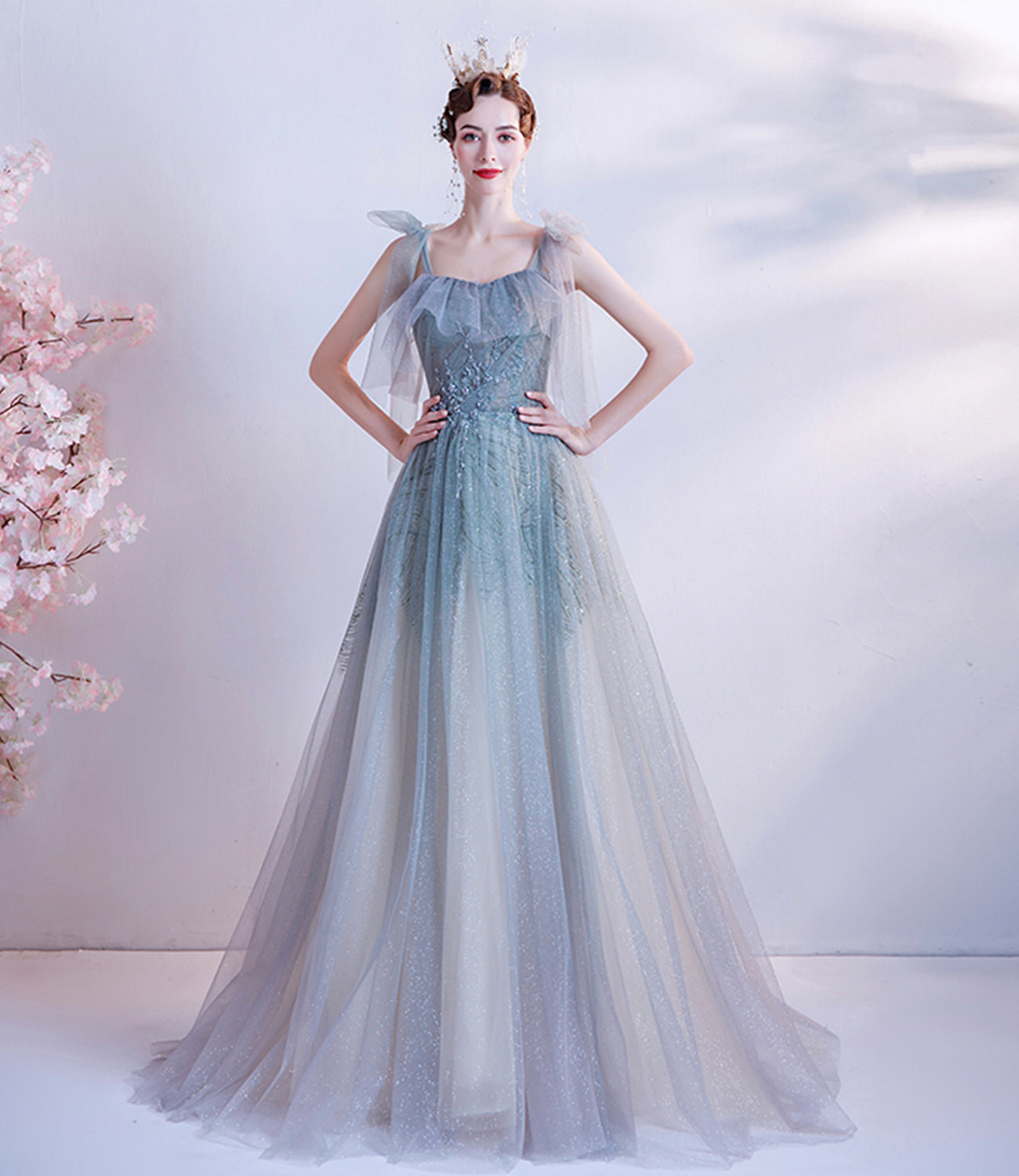 Cute tulle long A line prom dress evening dress  8703