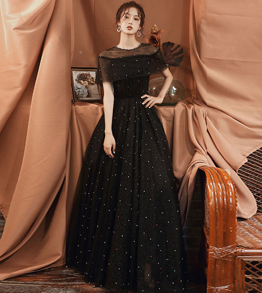 Black A line tulle long prom dress black evening dress  8559