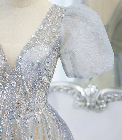 Gray tulle beads long prom dress A line evening gown  10488