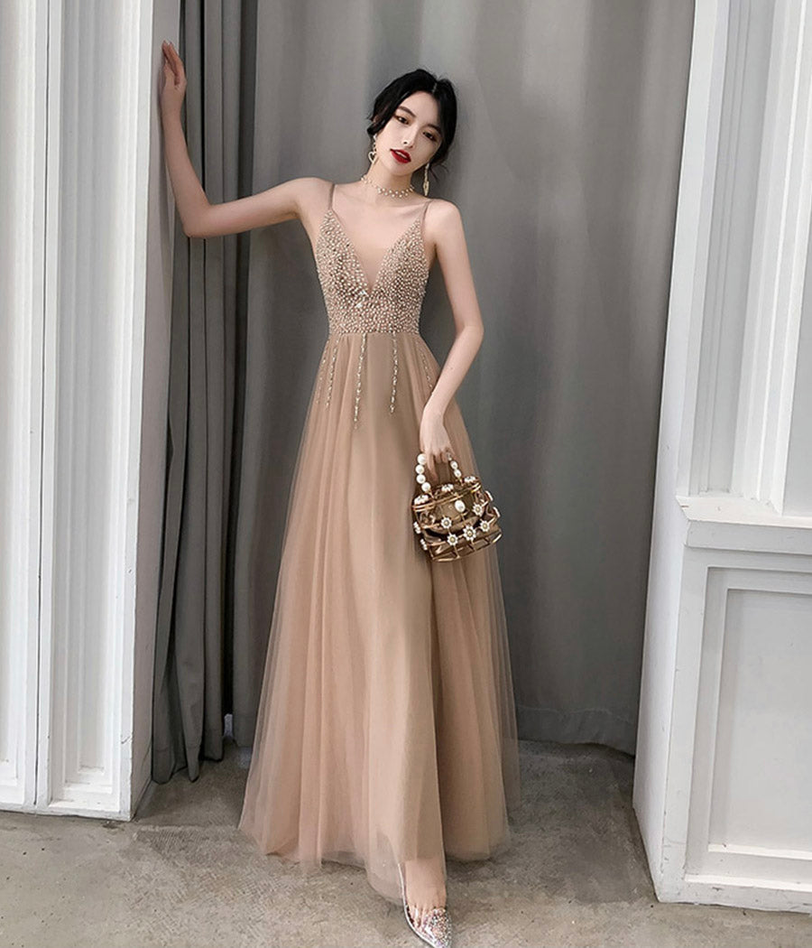 A line v neck tulle long prom dress evening dress  8421