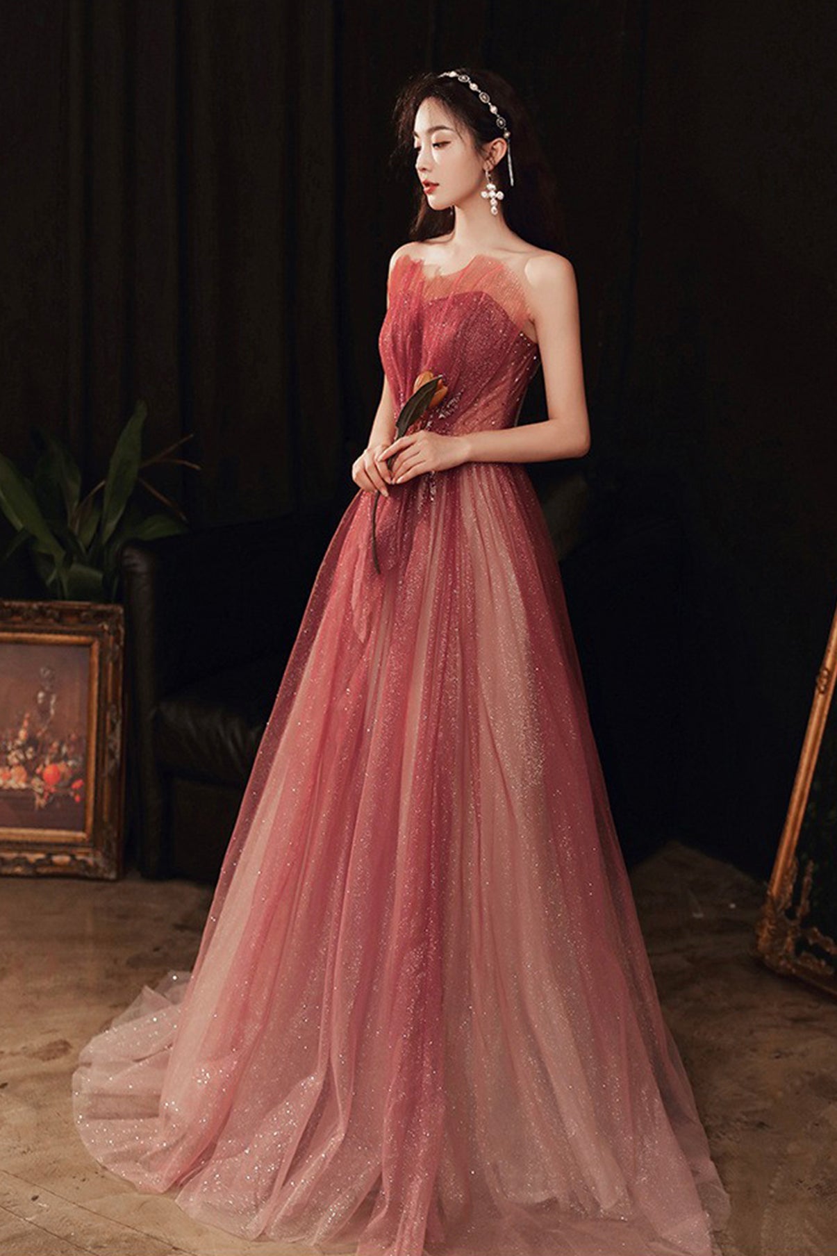Shiny tulle sequins long prom dress A line evening dress  8580