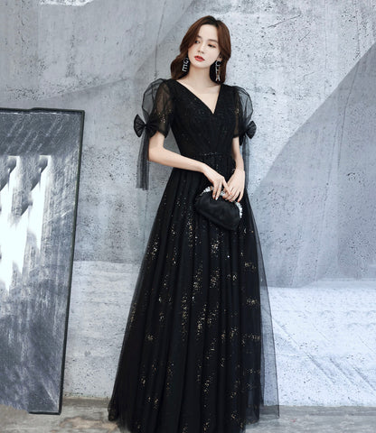 Black v neck tulle long prom dress A line evening dress  10318