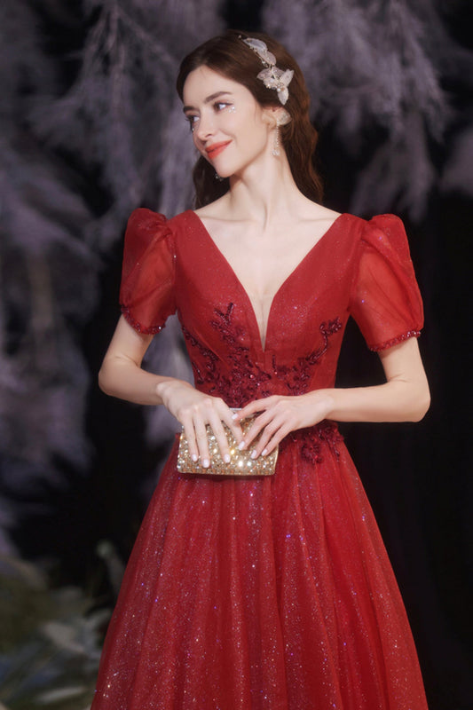 Red v neck tulle long A line prom dress evening dress  8738
