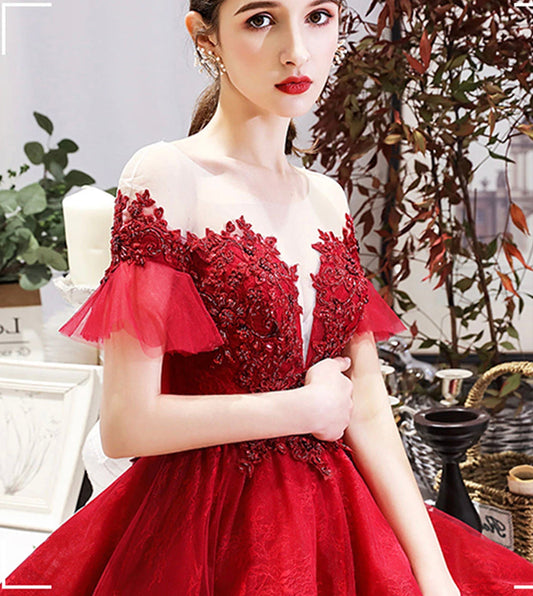 Burgundy lace short prom dress party dress  8527