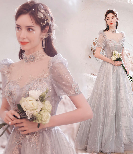 Gray tulle sequins long ball gown dress formal dress  10322
