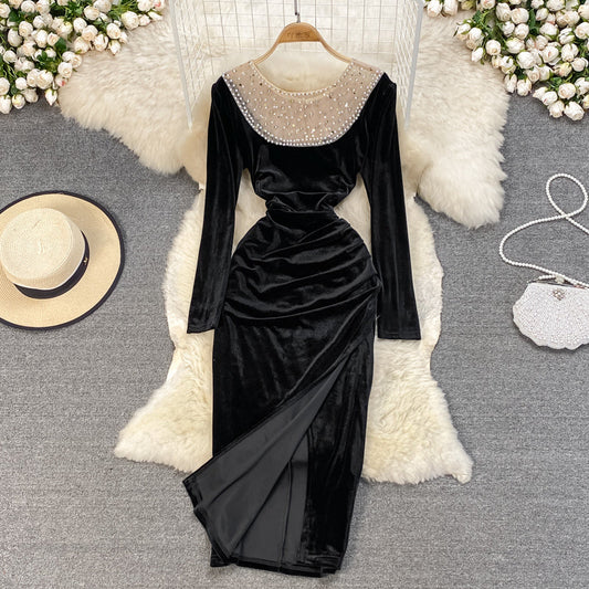 Black Velvet Long Sleeve Dress Fashion Dress  10929