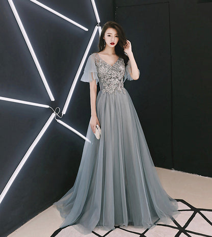 Grey tulle lace long prom dress lace evening dress  8532