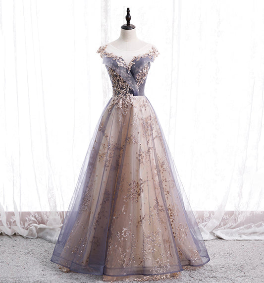 Cute tulle sequins long prom dress evening dress  10011