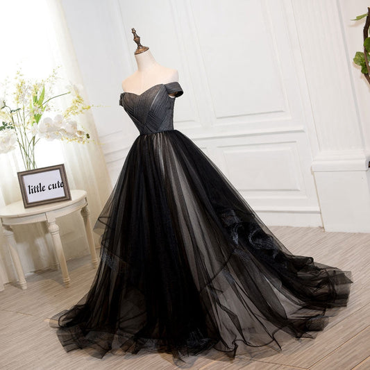 Black tulle off shoulder long prom dress, black evening dress  7899
