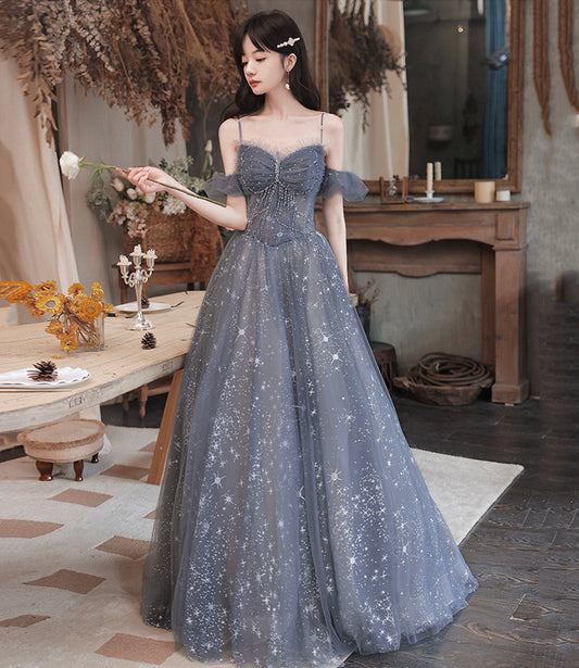 Gray tulle long prom dress A line evening dress  10489