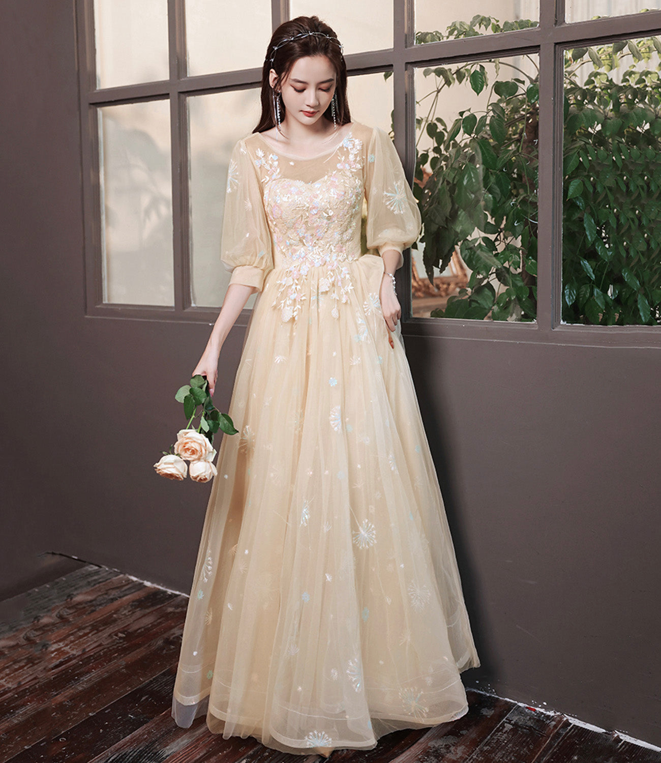 Champagne tulle lace long prom gown evening gown  8944